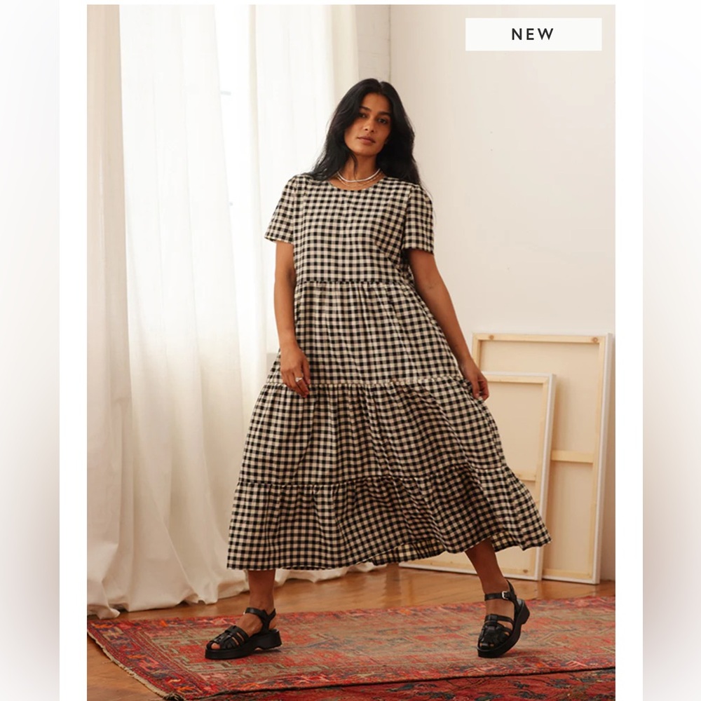 Tradlands Chalet Tiered Dress Linen in Black Gingham NWT